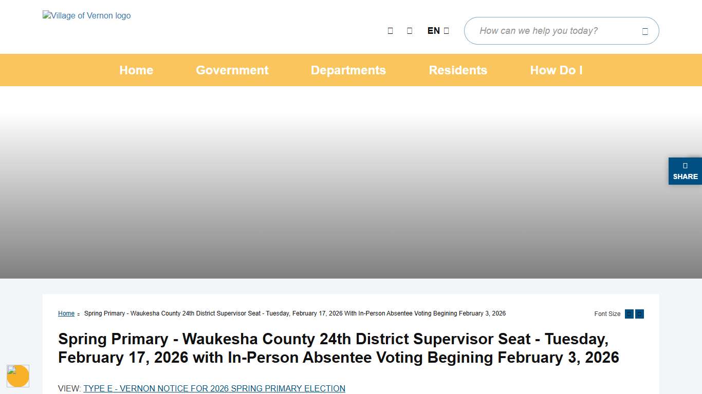 Spring Primary - Waukesha County 24th District Supervisor Seat - Tuesday, February 17, 2026 with In-Person Absentee Voting Begining February 3, 2026